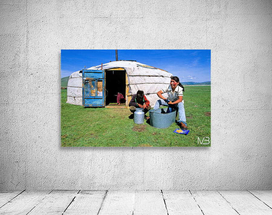 Mongolian ger in the countryside with people and daily activitie Wall Preview