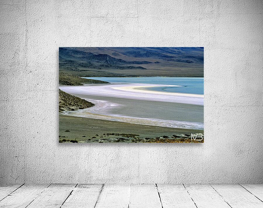 Scenic desert lake with white shore and rocky mountains. Wall Preview