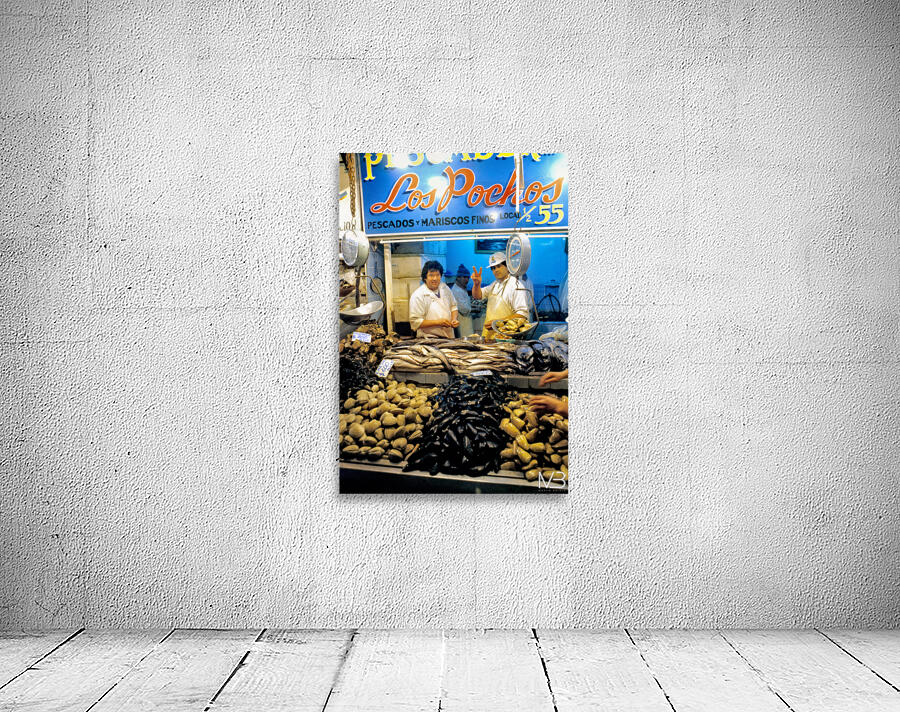 Lively fish market with fresh seafood and a peace sign. Wall Preview