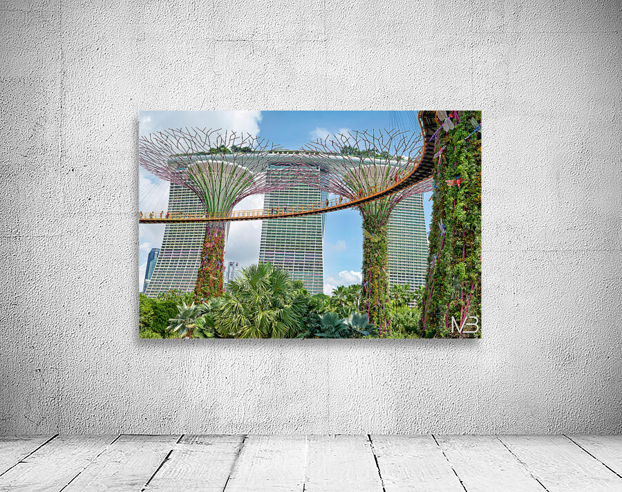 People walk on bridge connecting to Supertree Grove in Singapore Wall Preview