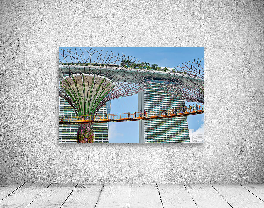 People walk on bridge connecting to Supertree Grove in Singapore Wall Preview