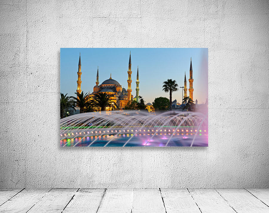 Visit to Blue Mosque and fountain at twilight in Istanbul Wall Preview