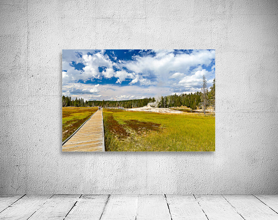 Visitors stroll the Upper Geyser Basin boardwalk Wall Preview
