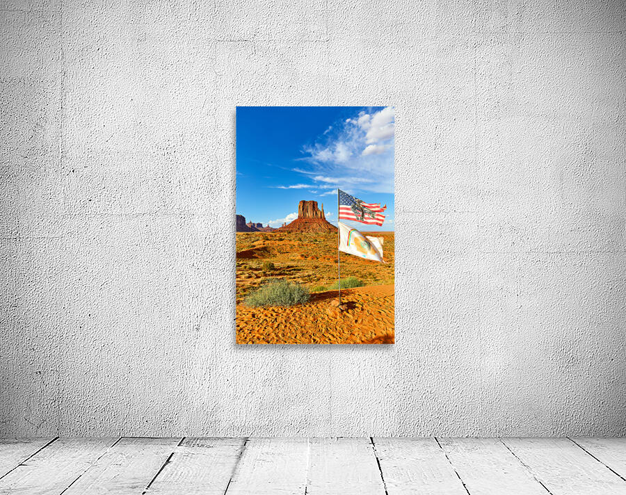 Monument Valley displays flags under blue sky in USA Wall Preview