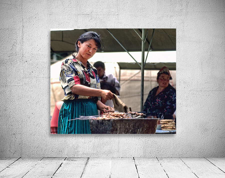 Street food vendors serve meat skewers in Samarkand Uzbekistan Wall Preview
