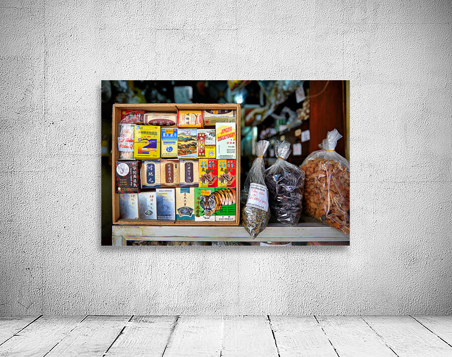 Variety of herbal products and packaging in Hanoi market Wall Preview