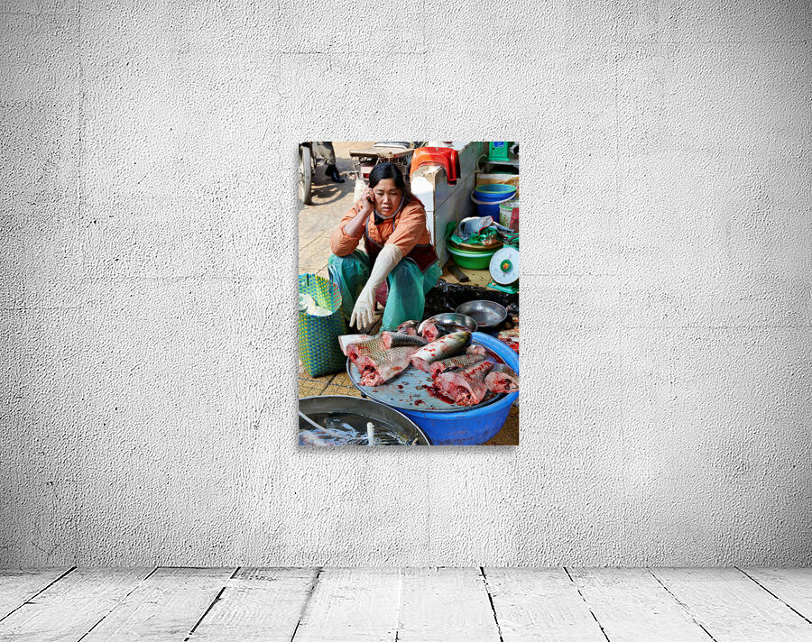 Fish vendor works at market in Hanoi Vietnam Wall Preview