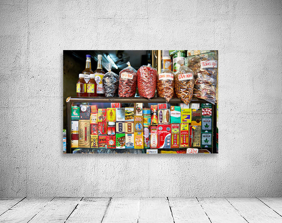 Market scene in Hanoi with spices and snacks on display Wall Preview