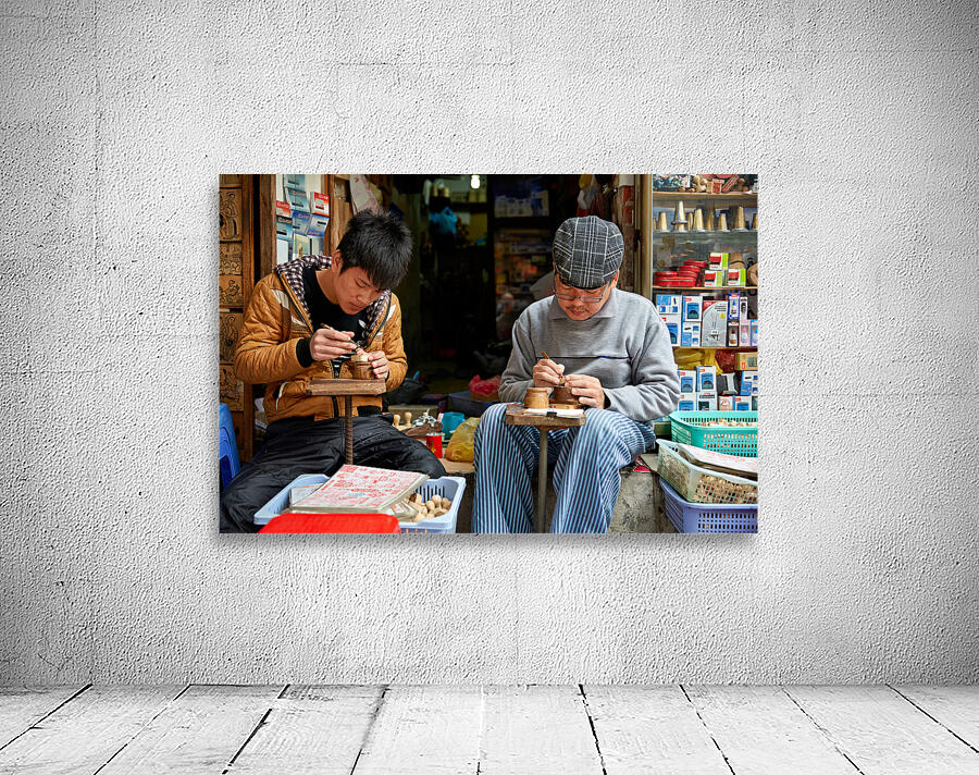 Crafting wooden items in Hanoi workshops during late morning Wall Preview