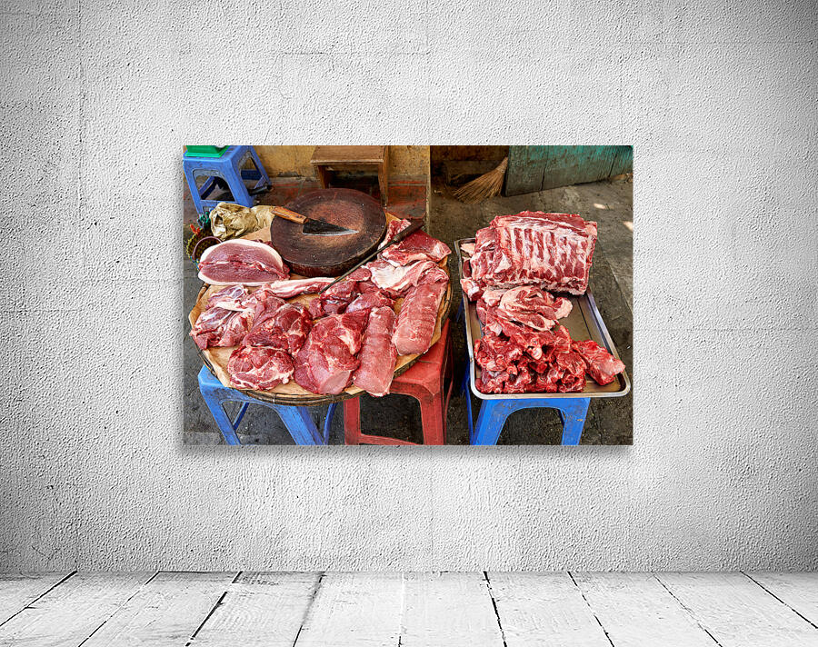Fresh meat sold in Hanoi market during daytime Wall Preview