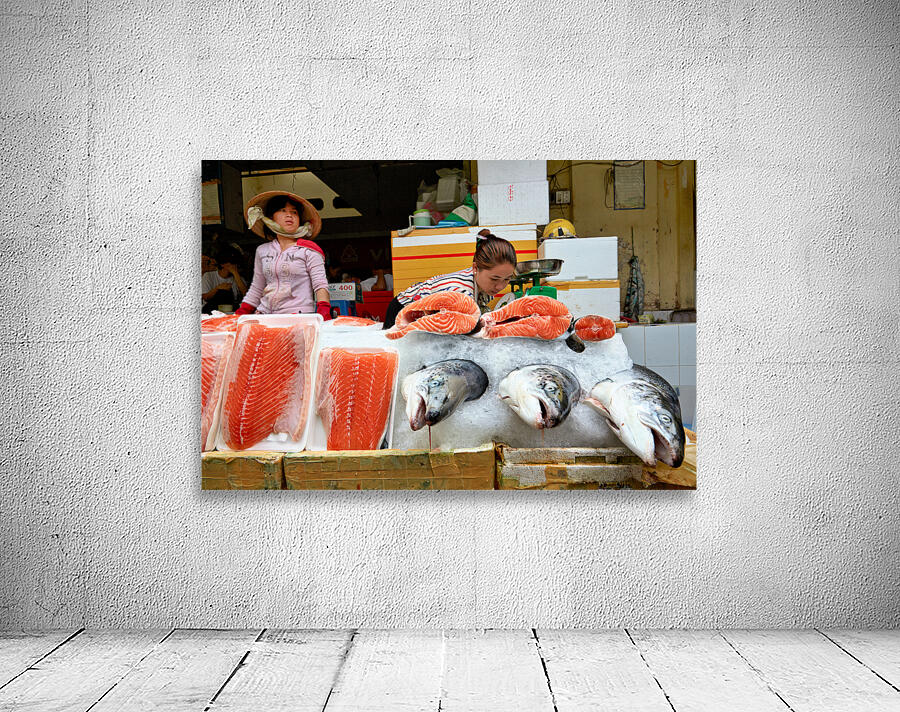 Market scene in Ho Chi Minh with fresh seafood for sale Wall Preview