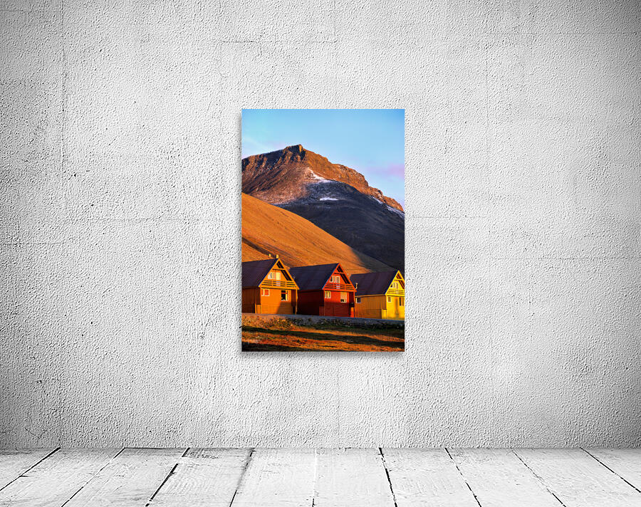 Colorful houses under a mountain in Longyearbyen Svalbard Wall Preview