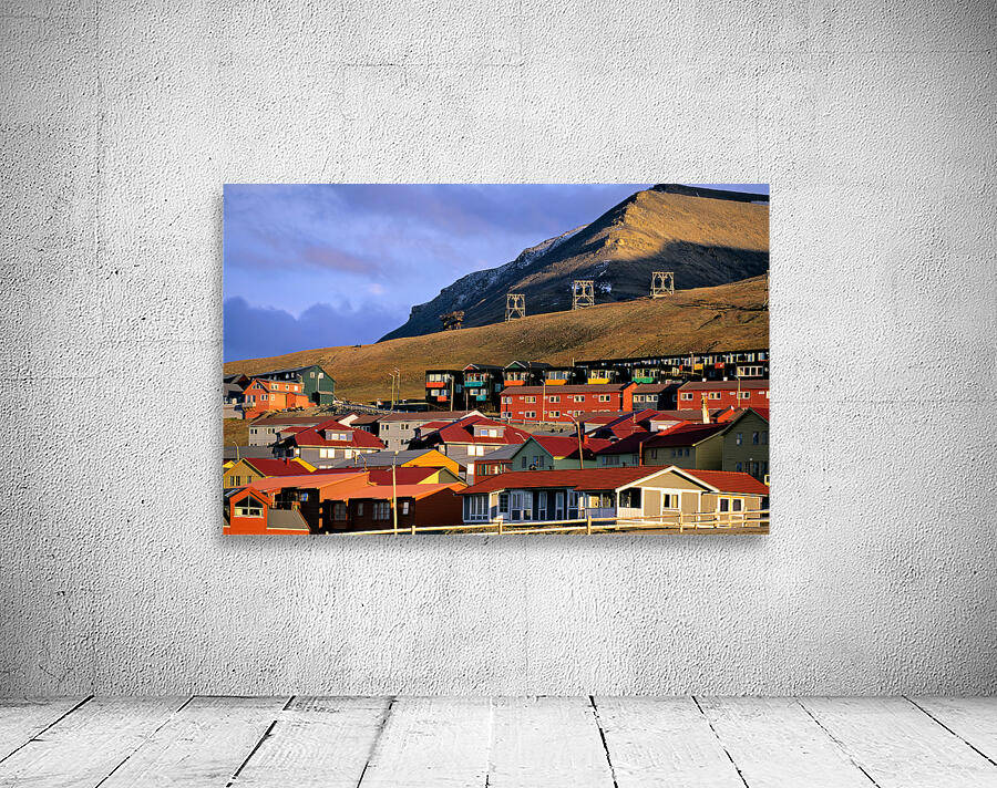 Colorful buildings in Longyearbyen Svalbard at sunset Wall Preview