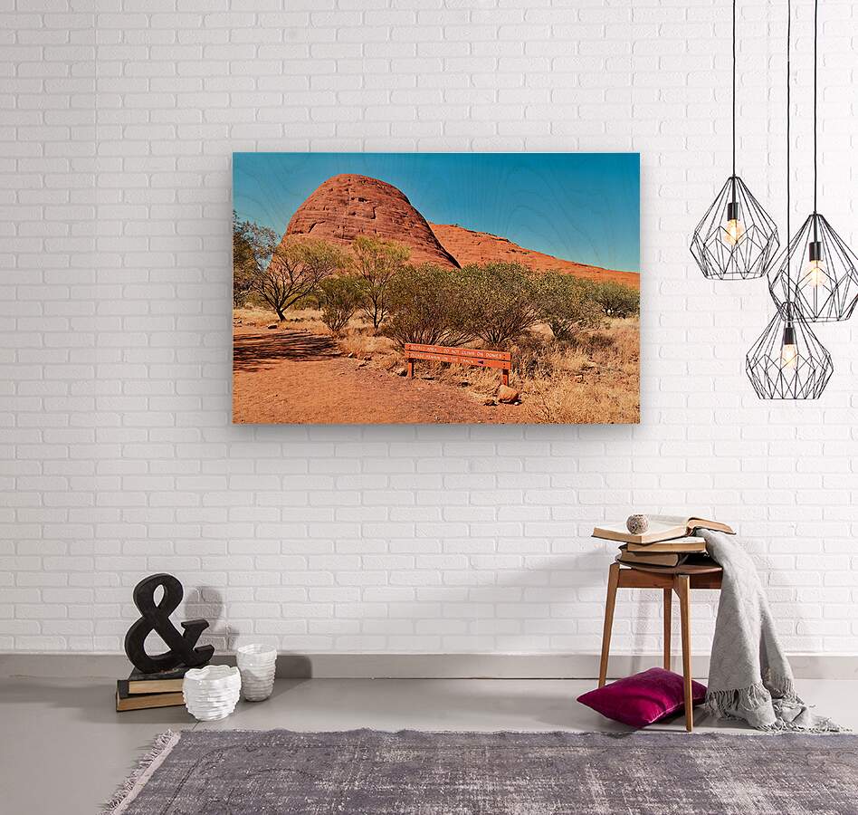Sacred area sign in front of Kata Tjuta domes Australia. Wood Print 1