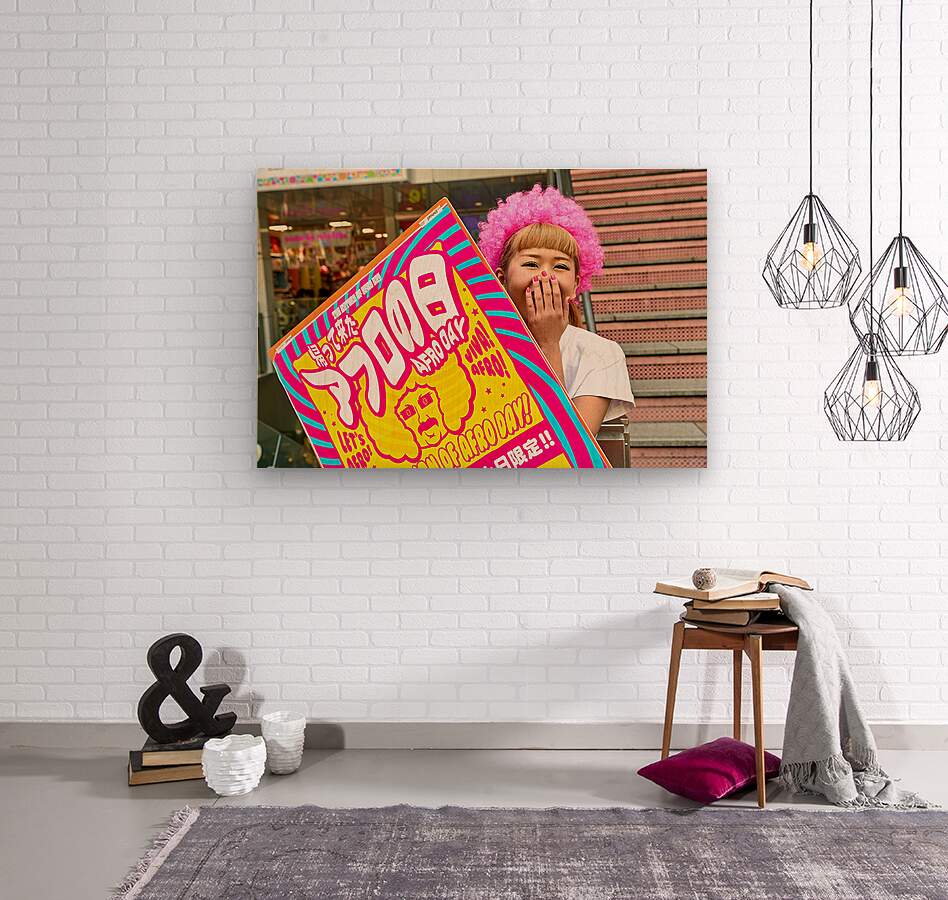 Lolita girl holds sign in Shibuya District of Tokyo during Afro  Wood Print 1