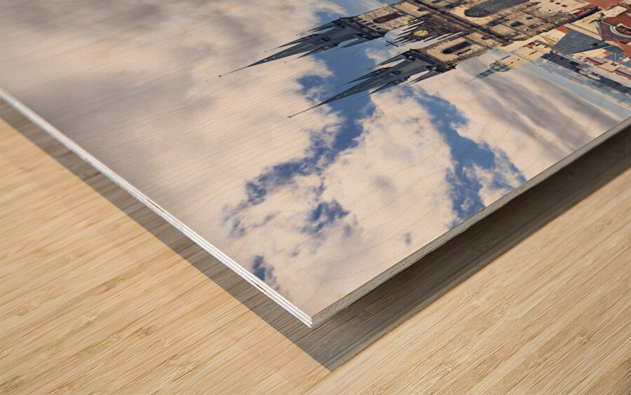 Czech Republic. Prague. Elevated view of the old town at sunset. Wood print