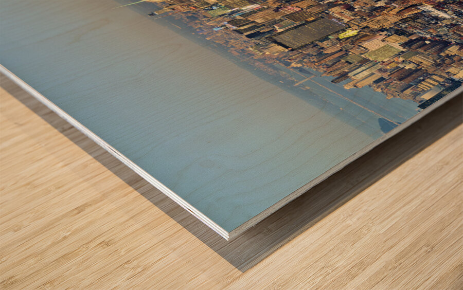 New York. Manhattan. United States. Aerial View Downtown at sunset Wood print