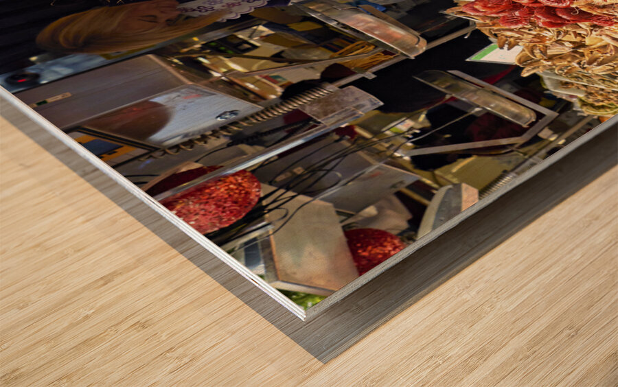 Barcelona. Catalonia. Spain. The Mercat de Sant Josep de la Boqueria. Tiger Prawns at fishmonger stall Wood print