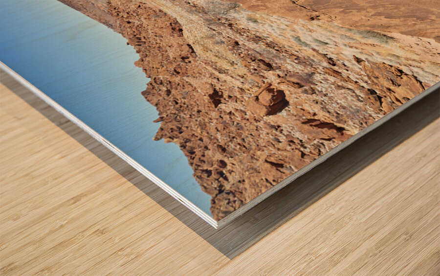 Namibia. A guide shows prehistoric rock engravings in Twyfelfontein archaeological site Wood print