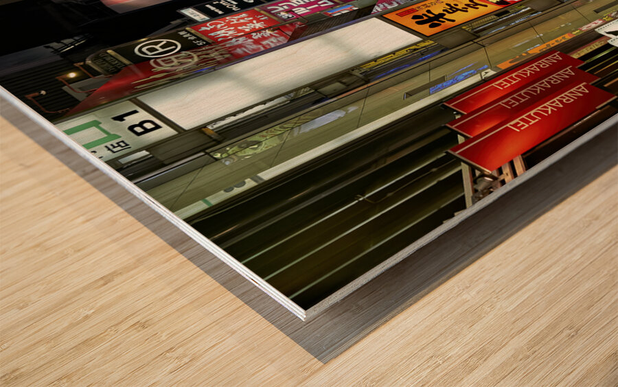 Japan. Tokyo. Neon lights in Shinjuku district at night Wood print