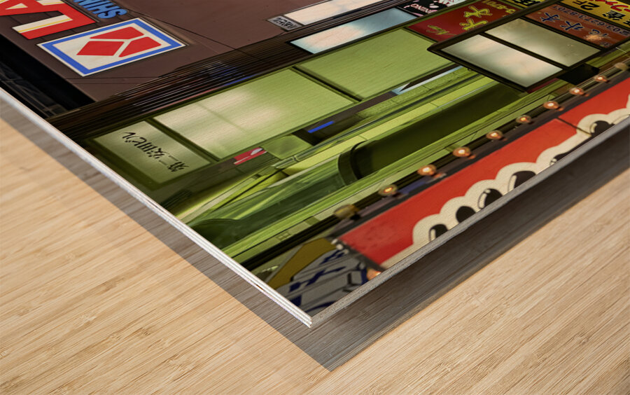 Japan. Tokyo. Neon lights in Shinjuku district at night Wood print