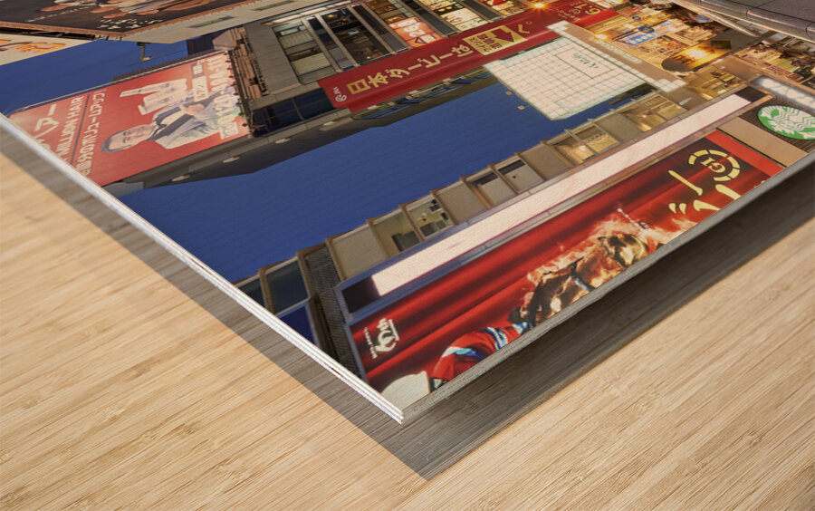 Japan. Kansai. Osaka. Illuminated signboards in Dotonbori District at sunset Wood print