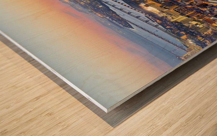 Japan. Kansai. Osaka. Aerial view of Yodo river at sunset Wood print