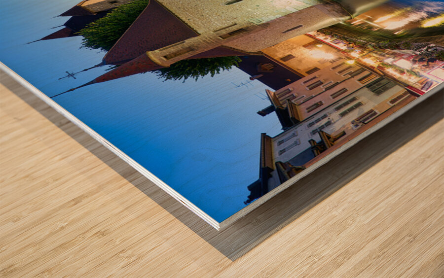 Annecy Haute Savoie France. The Palais de lIsle and Thiou river at sunset Wood print