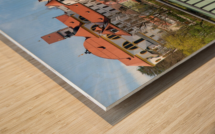 Germany Bavaria Romantic Road. Fussen. St. Mang Abbey  and museum on river Lech. Lovers padlocks Wood print