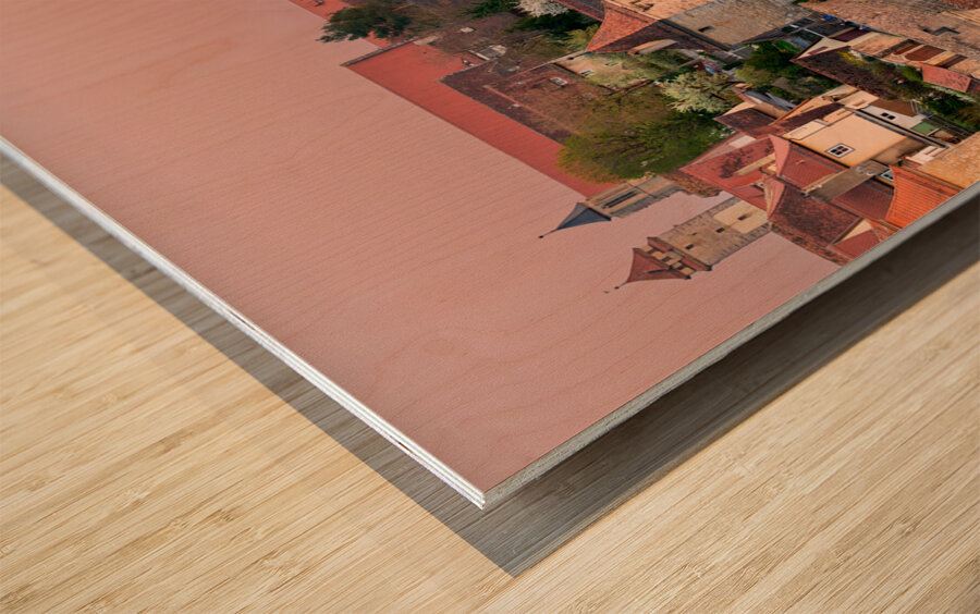 Germany Bavaria Romantic Road. Rothenburg ob der Tauber. Fortified walls at dusk Wood print