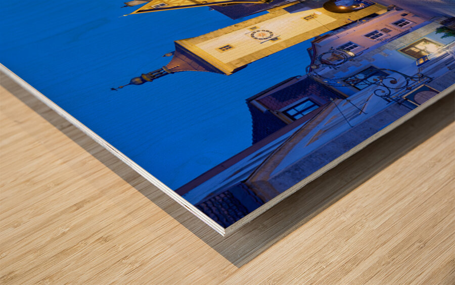 Germany Bavaria Romantic Road. Rothenburg ob der Tauber Plonlein at sunset Wood print