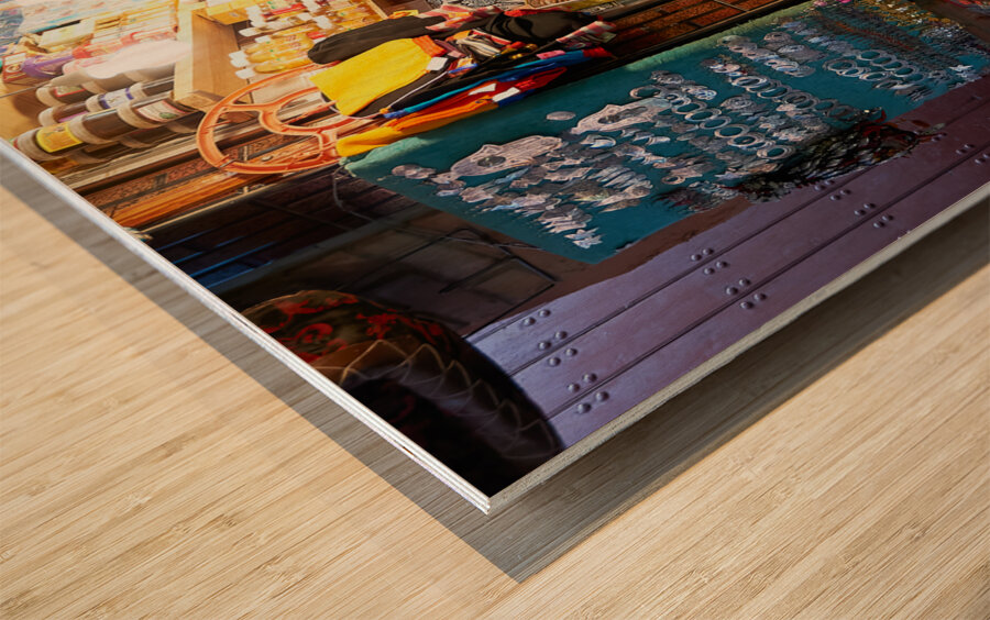 Morocco Marrakesh. Sale of dried fruit in the souk Wood print