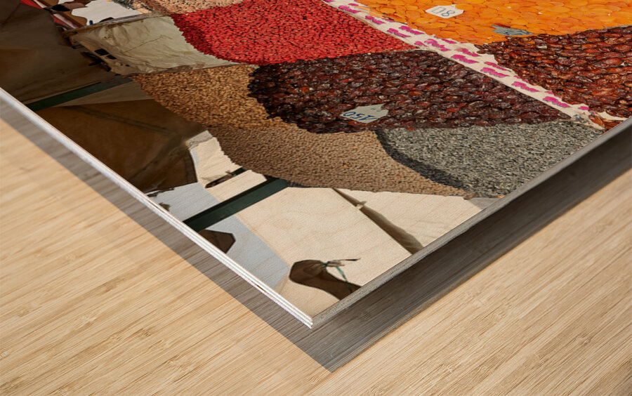 Morocco Marrakesh. Sale of dried fruit Wood print