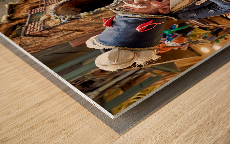 Naples Campania Italy. Statues figurines of the Christmas Nativity Scene in the artisan workshops of Via San Gregorio Armeno Wood print