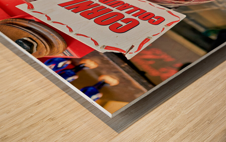 Naples Campania Italy. Lucky horns on sale in Spaccanapoli downtown quarter Wood print