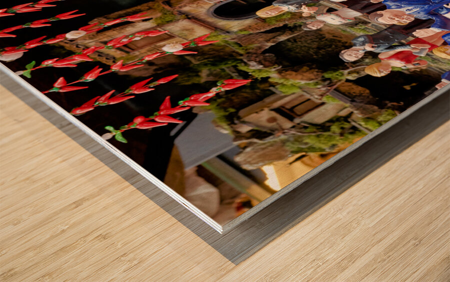 Naples Campania Italy. Statues figurines of the Christmas Nativity Scene in the artisan workshops of Via San Gregorio Armeno Wood print