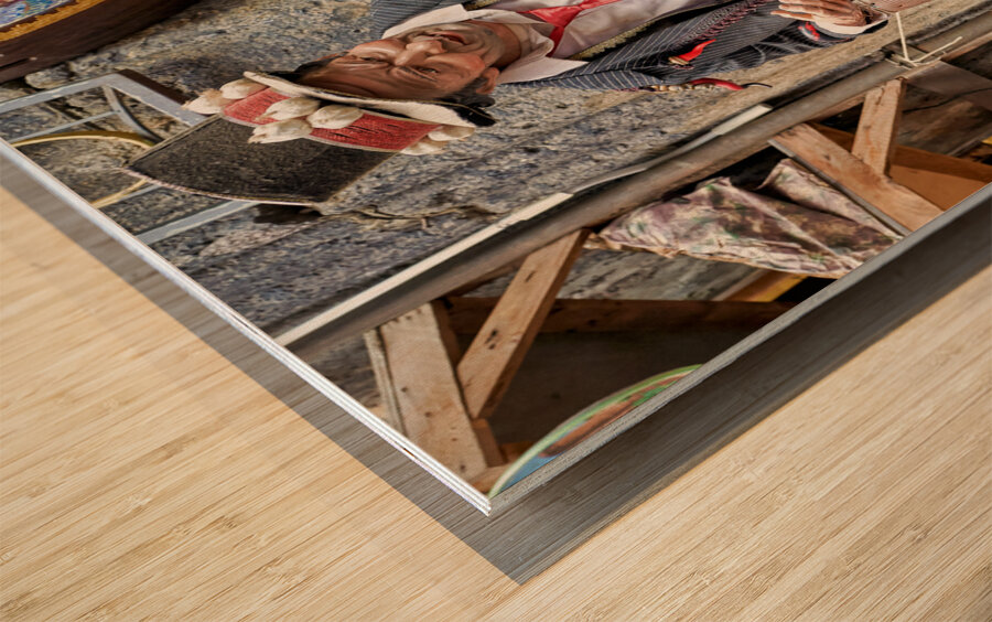 Naples Campania Italy. Statue figurine of the Christmas Nativity Scene in the artisan workshops of Via San Gregorio Armeno Wood print