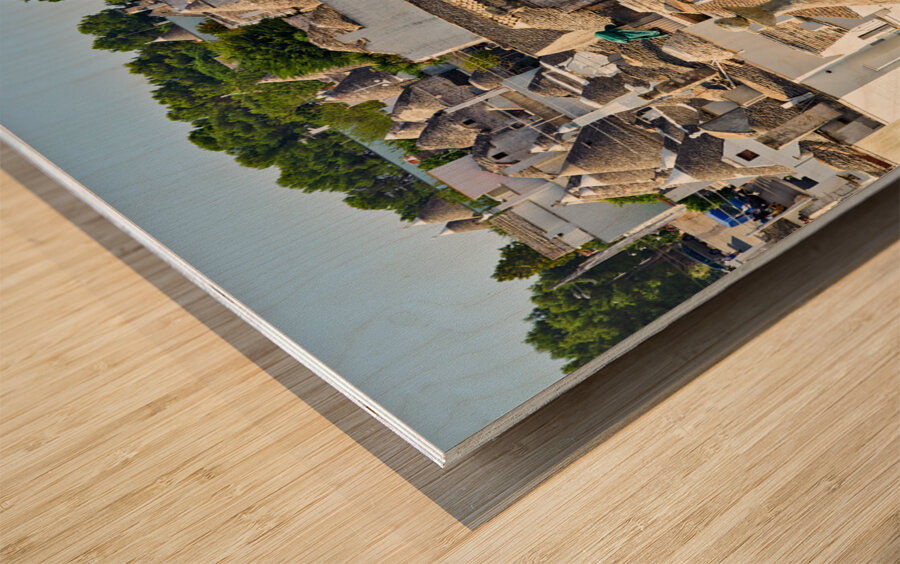 Apulia Puglia Italy. Alberobello. Trulli: traditional Apulian dry stone huts with a conical roof. Wood print