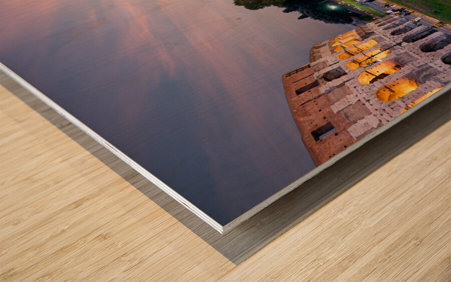 Rome Lazio Italy. The Colosseum Colosseo an oval amphitheatre in the centre of the city of Rome and the Arch of Constantine Wood print