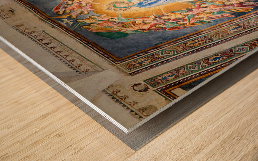 San Gimignano. Tuscany. Italy. Frescoes in the church of San Lorenzo in Ponte. Madonna col Bambino in gloria Madonna with Child in Glory by Simone Martini Wood print