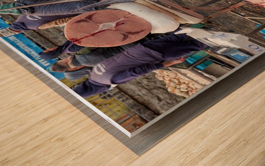 Piscaria the street daily market in Catania Sicily Italy. Fresh fish meat vegetables Wood print