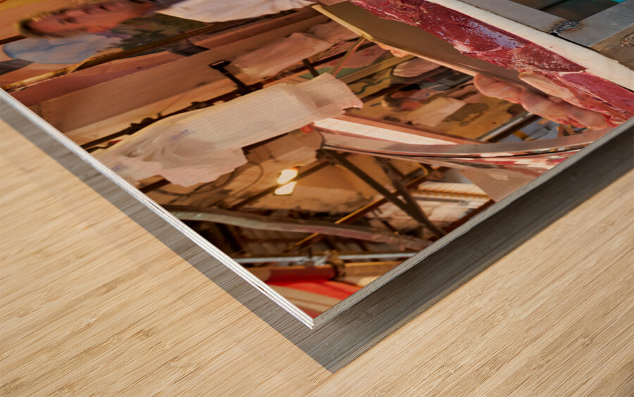 Piscaria the street daily market in Catania Sicily Italy. Fresh fish meat vegetables Wood print