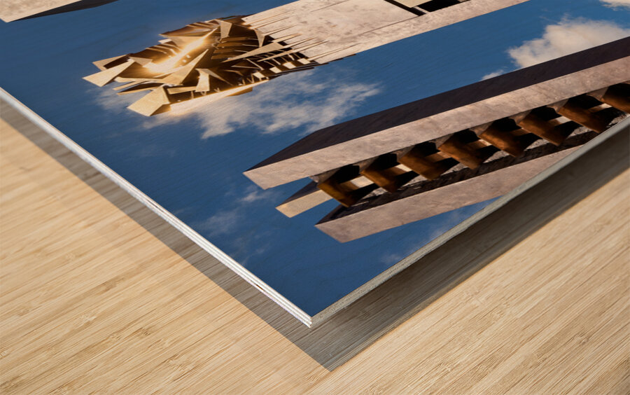 Todi Umbria Italy. Concattedrale della Santissima Annunziata. Cathedral. Piazza del Popolo. The statue Quattro Stele by Arnaldo Pomodoro Wood print