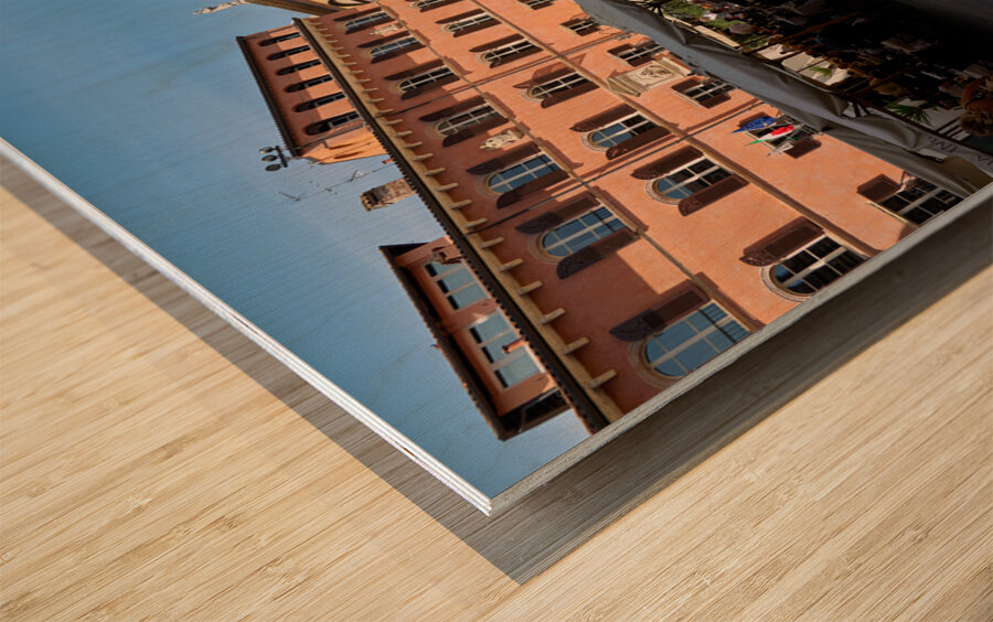 Verona Veneto Italy. Piazza dei Signori with the monument to Dante and restaurants to dine out Wood print