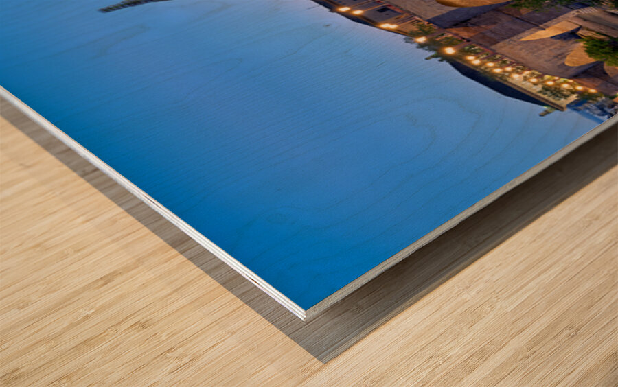 Zaragoza. Saragossa. Aragon. Spain. Cathedral Basilica of Our Lady of the Pillar and river Ebro at sunset Wood print