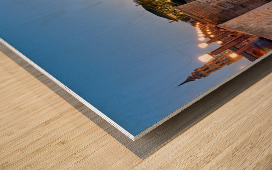 Zaragoza. Saragossa. Aragon. Spain. Cathedral Basilica of Our Lady of the Pillar and river Ebro at sunset Wood print