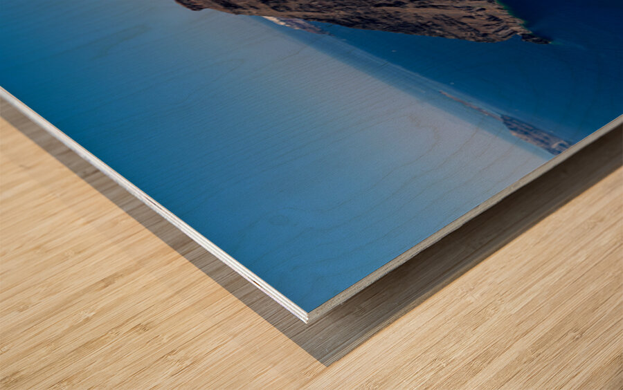 Santorini: Old boat white village and caldera view. Wood print