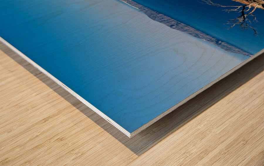 Picturesque Santorini: white village blue sea volcanic cliffs. Wood print