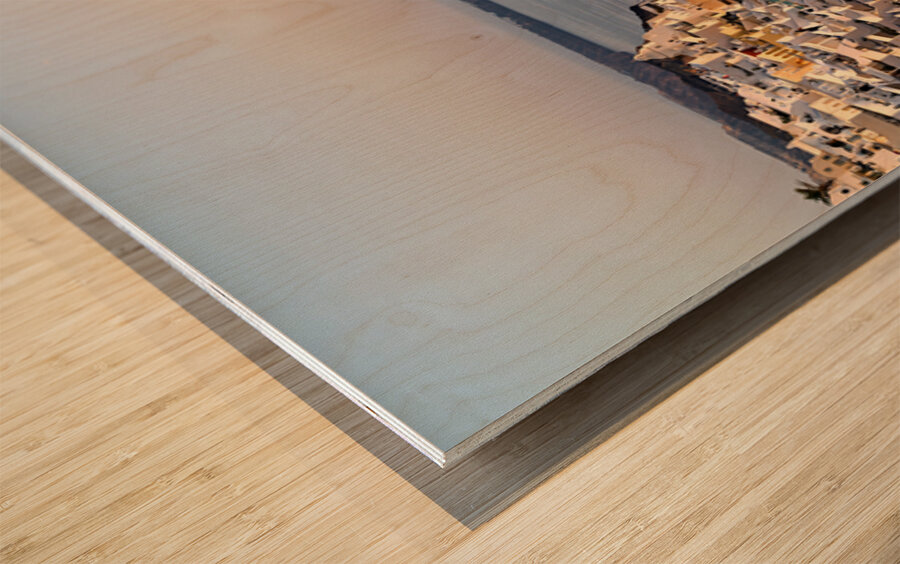 Santorini village and cruise ship at sunset. Wood print