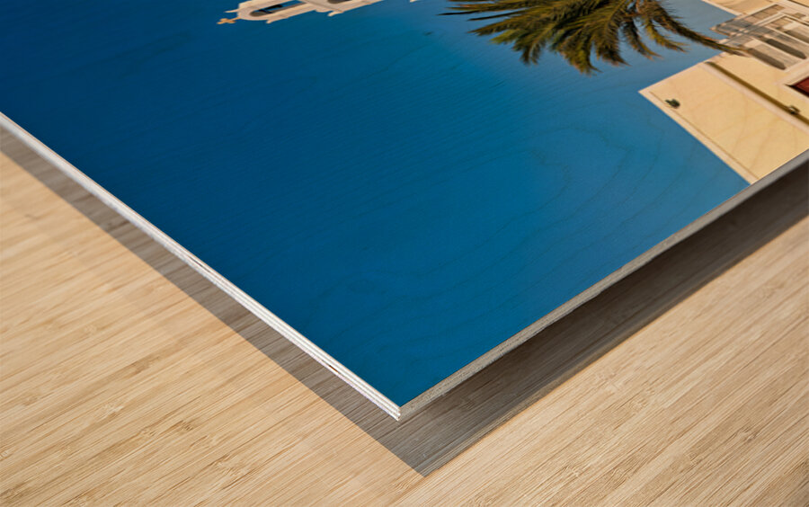 Beautiful white church blue dome palm tree clear sky. Wood print